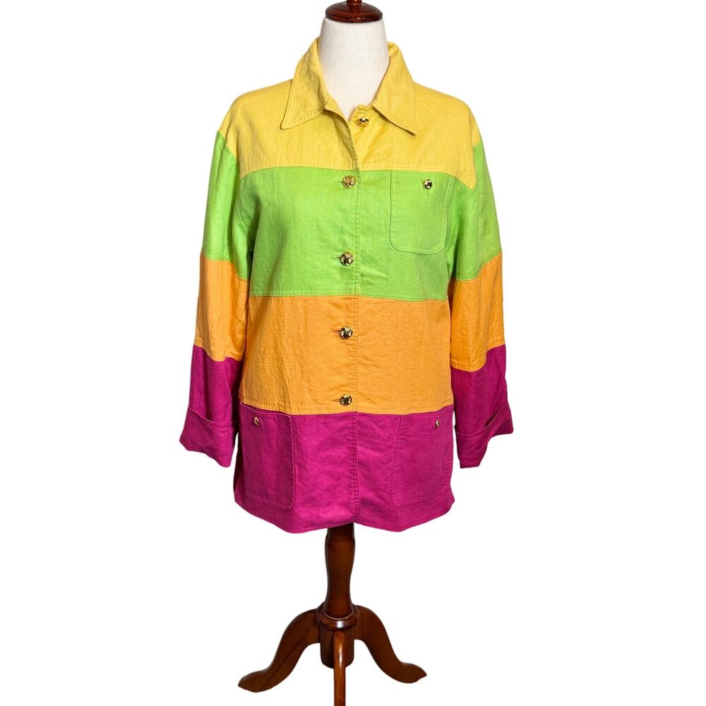 Vintage ESKA jacket rainbow color blocked 100% linen lined pockets button Sz 10